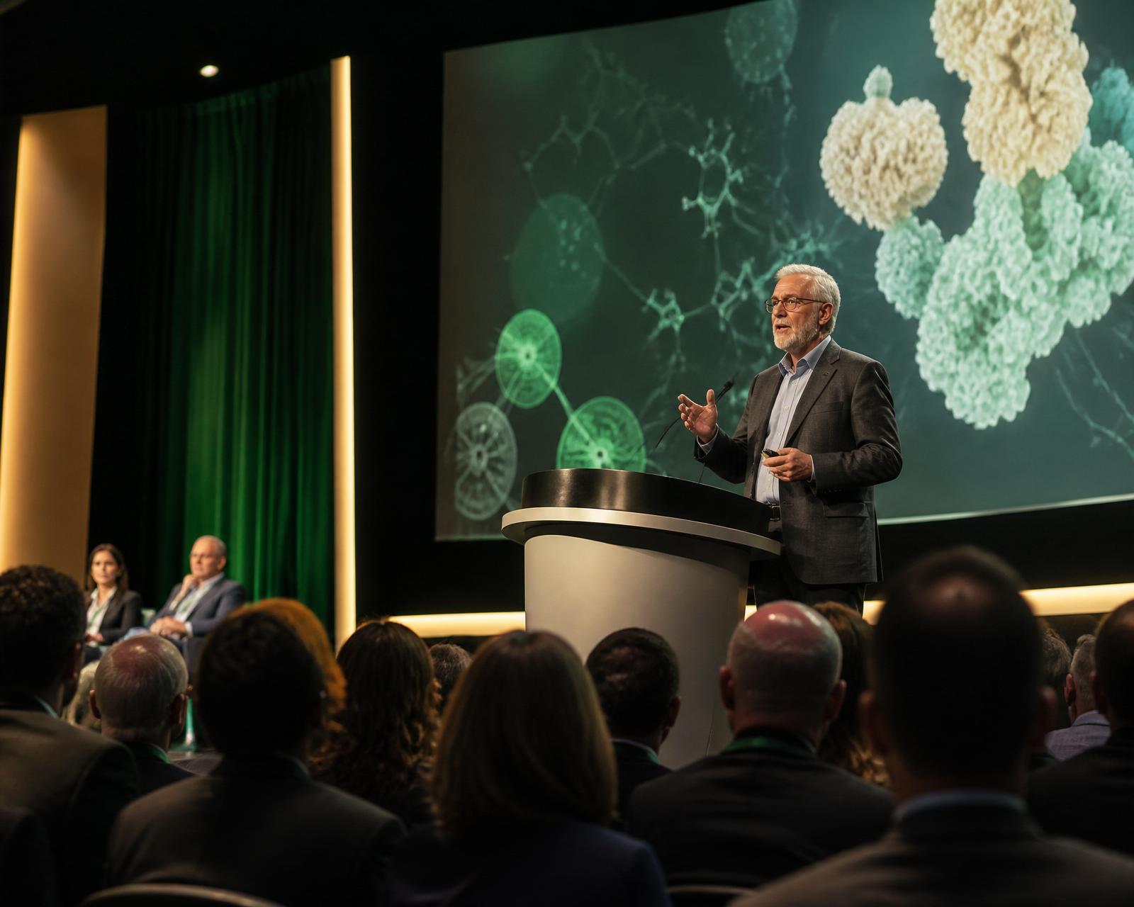 Scientist presenting molecular diagnostics research on stage at a major medical scientific conference