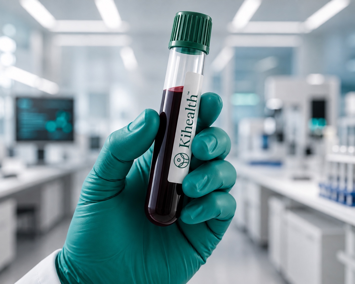 A Kihealth blood collection tube held by a gloved hand in a bright clinical laboratory