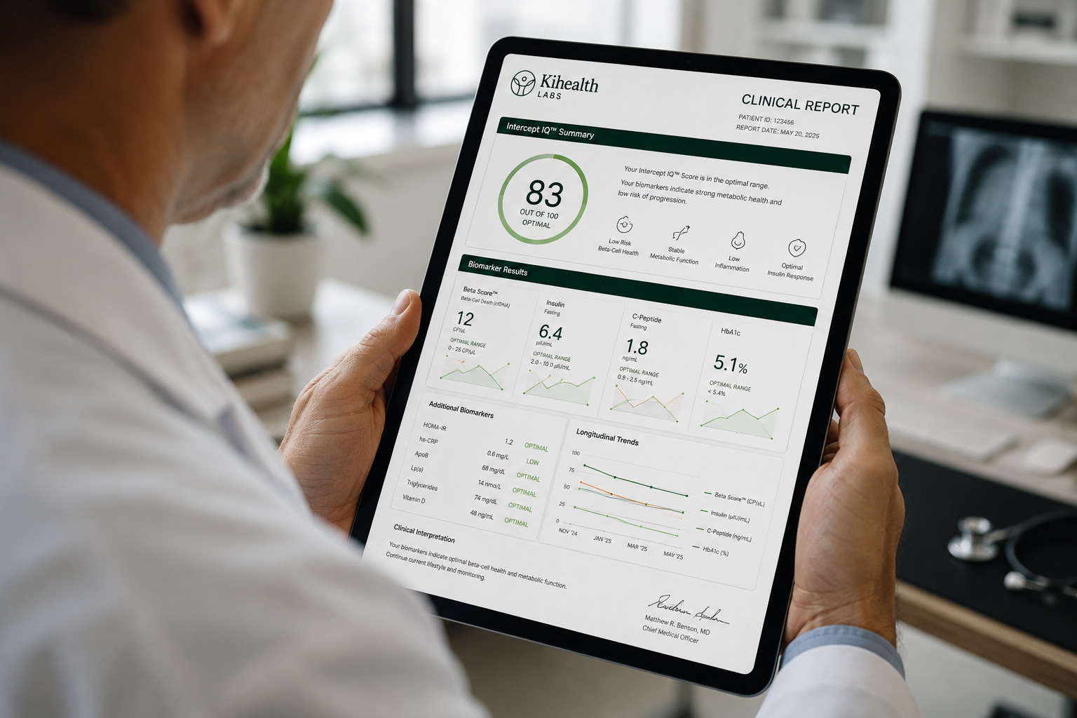 Physician reviewing a Kihealth Labs clinical report on a tablet
