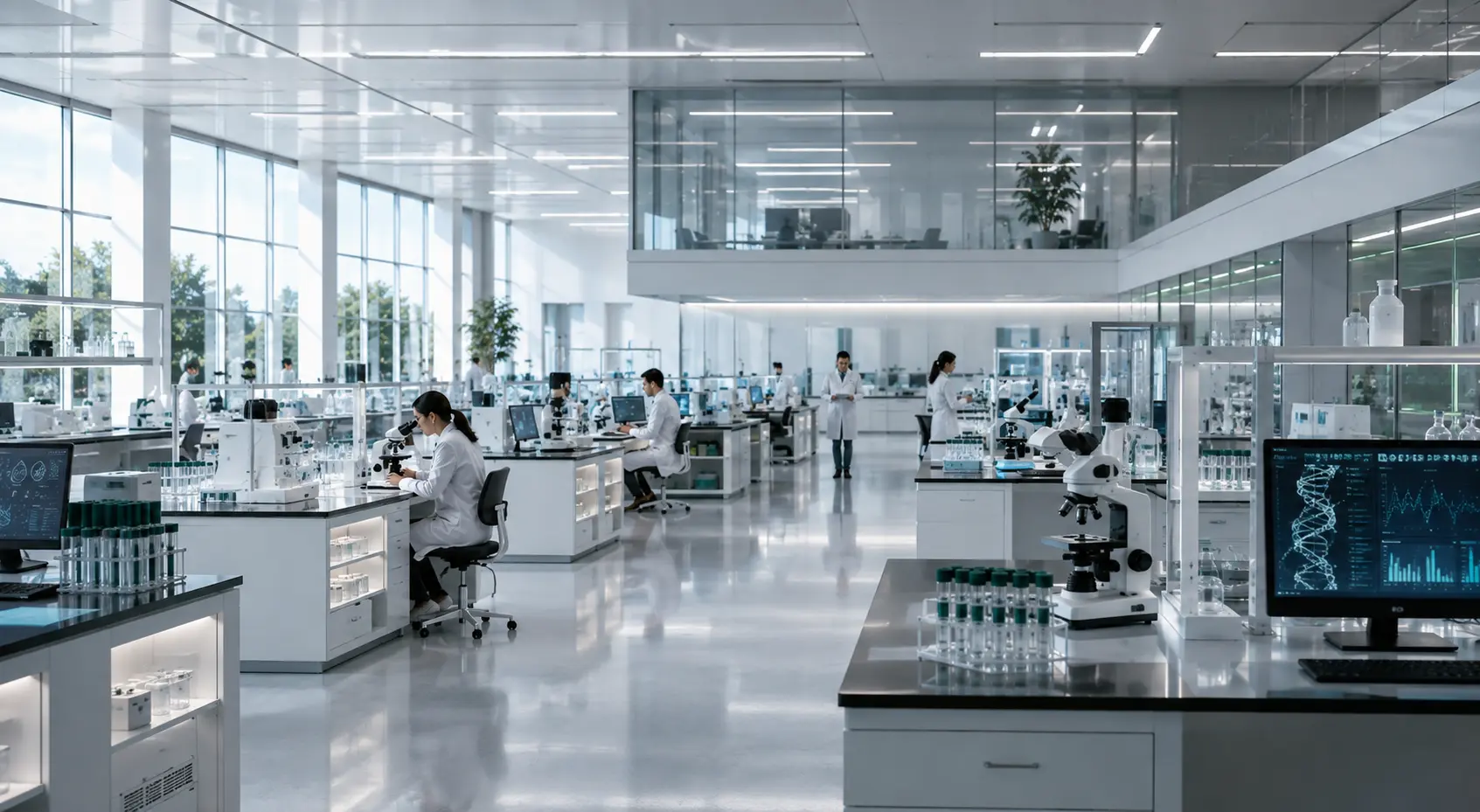 Researchers at work in a bright, modern precision medicine laboratory with microscopes and molecular analytics displays