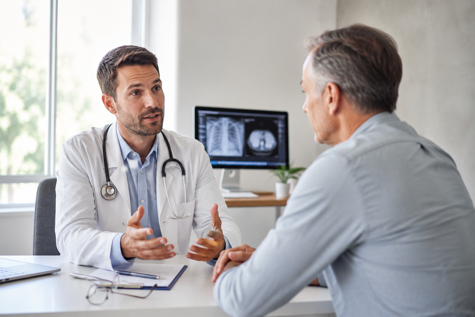 A physician discussing diagnostic results with a patient in a bright clinic