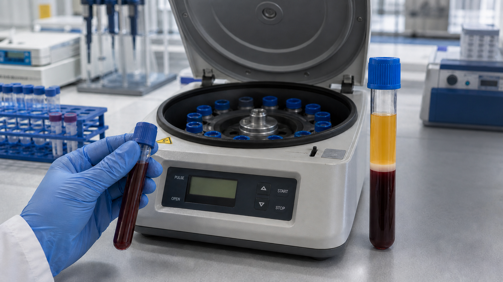 Blood tube showing separated plasma, buffy coat, and red blood cells beside a laboratory centrifuge