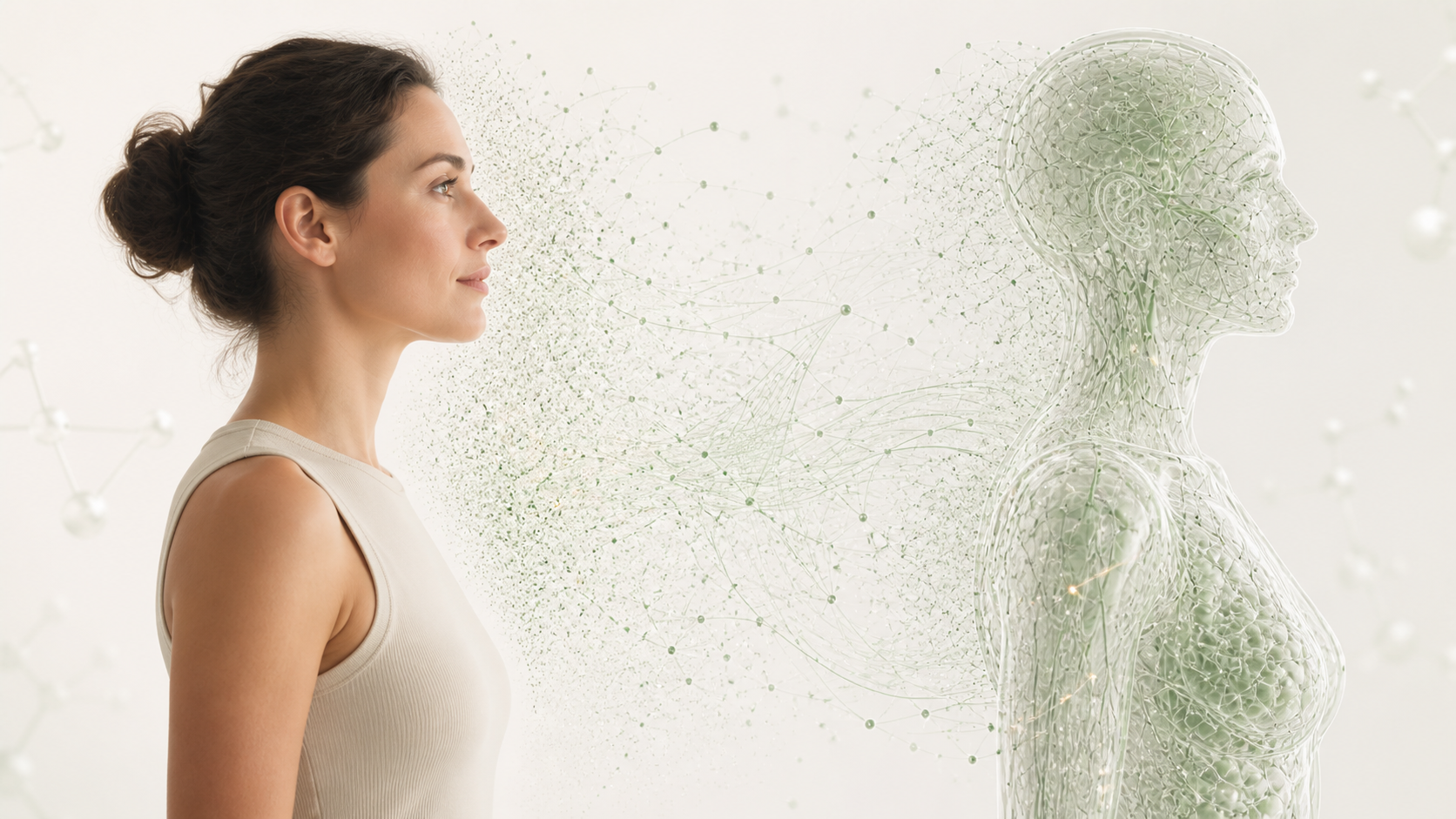A patient alongside a translucent digital twin visualization representing the integration of molecular and biological signals into clinical intelligence