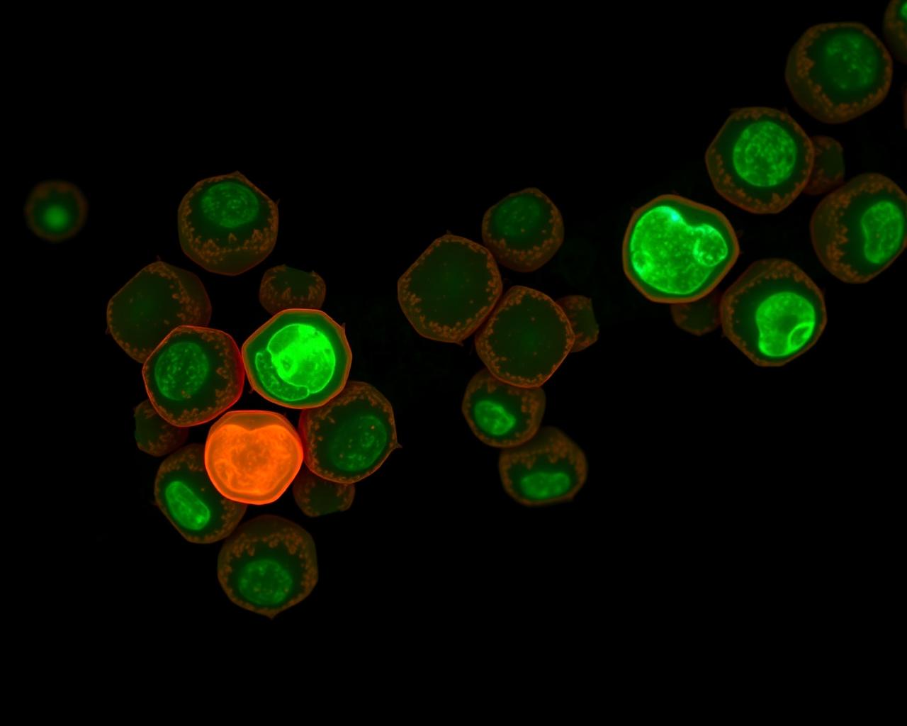 Fluorescence microscopy of a pancreatic islet showing beta-cell apoptosis