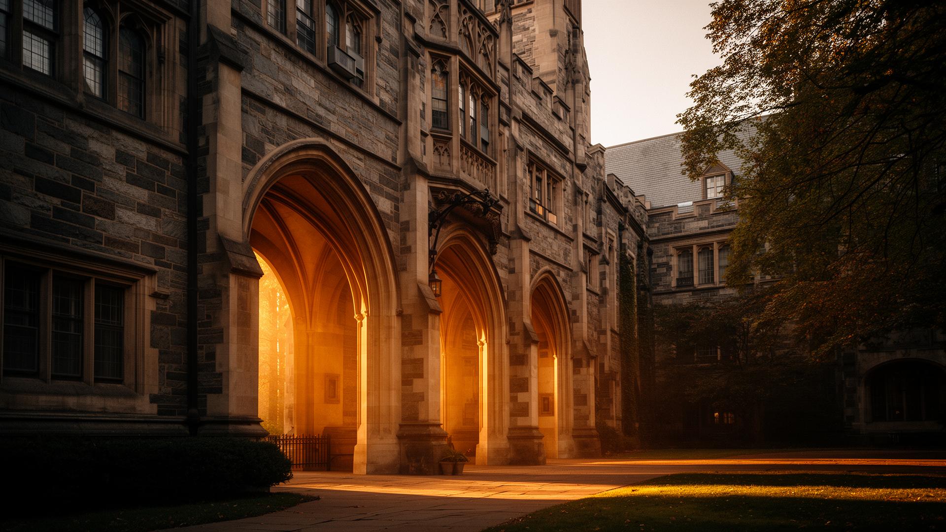 Yale University gothic stone archways at golden hour